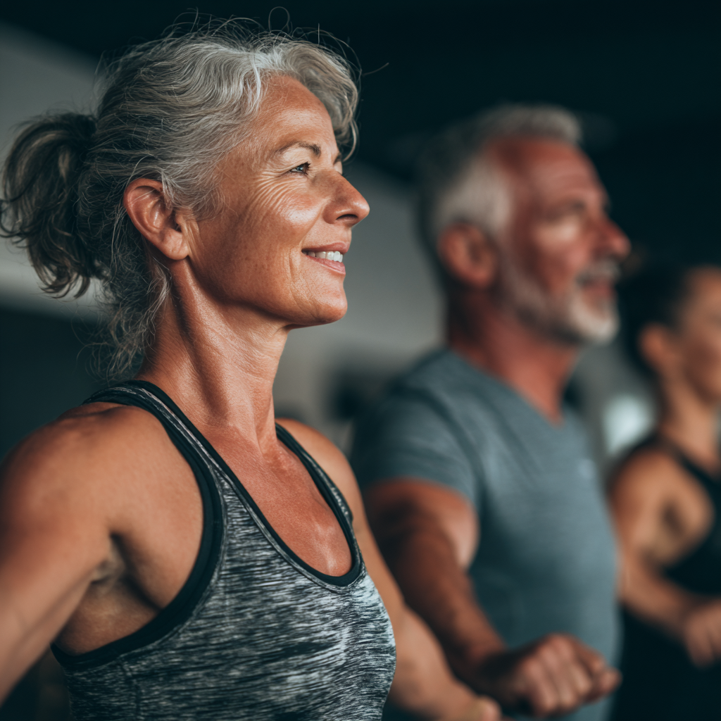 fitness training session with middle-aged adults exercising
