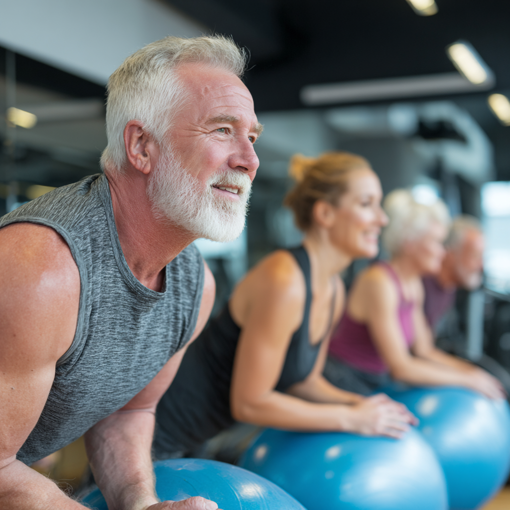 professional fitness instructor working with mature adults in modern gym